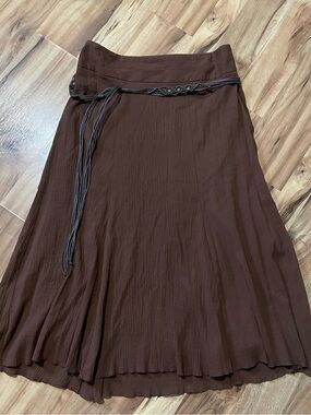 Laura Scott Brown Crinkle Midi Skirt with Braided Belt Festival Boho Size M